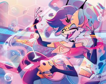 1girl animal_ears antennae arthropod_girl artist_name asymmetrical_hair bee_girl beelzebub_(helluva_boss) black_choker black_nails blue_eyeshadow body_markings bubble cake cake_slice choker clothing_cutout colored_sclera crop_top crown demon demon_girl extra_arms eyeshadow fangs feet_out_of_frame floating_hair food fox_ears fox_girl fox_tail freckles full_body glass hand_on_own_thigh heart_cutout hellaverse helluva_boss highres honeycomb_(pattern) honeycomb_background insect_girl leg_up long_eyelashes looking_at_viewer makeup misspanica1 multicolored_fur multicolored_hair multicolored_tail one_eye_closed open_mouth pink_eyes pink_hair pink_shorts purple_hair revealing_clothes shorts single_strap solo sprinkles tail white_fur yellow_fur yellow_sclera