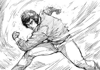 Rule 34 | 1boy, absurdres, black eyes, black hair, chain, cirenk, commentary, curly hair, greyscale, henshin pose, highres, ichijouji retsu, jacket, long sleeves, looking at viewer, male focus, metal hero, monochrome, motion lines, ohba kenji, pants, serious, short hair, solo, speed lines, thick eyebrows, uchuu keiji gavan, white background