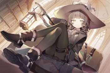 Rule 34 | 1girl, ankle boots, arm support, belt, black boots, black gloves, black hair, black jacket, black pantyhose, black skirt, blunt bangs, bookshelf, boots, braid, broom, center-flap bangs, church, collared shirt, commentary request, couch, crossed legs, emblem, expressionless, from below, frown, full body, gloves, green belt, grey vest, hand to head, hat, hat belt, highres, indoors, jacket, lantern, legs, light particles, long sleeves, looking at viewer, loose hair strand, maidcode1023, medium hair, necktie, o-ring, o-ring thigh strap, orange necktie, original, pantyhose, pleated skirt, revision, school emblem, school uniform, sepia, shirt, sidelocks, single braid, sitting, skirt, solo, thigh strap, tsurime, vest, white hat, white shirt, witch, witch hat, yellow eyes