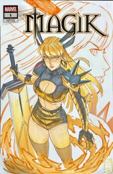 1girl acecore2k armor black_gloves black_shirt black_shorts blonde_hair blunt_bangs breasts character_name cleavage cleavage_cutout clothing_cutout commentary copyright_name cover_sketch cowboy_shot earrings elbow_pads english_commentary fire floating_hair gloves grey_eyes grey_thighhighs highres holding holding_sword holding_weapon jewelry linea_alba long_hair looking_at_viewer looking_to_the_side looking_up magik_(x-men) marker_(medium) marvel medium_breasts midriff pauldrons pen_(medium) planted planted_sword planted_weapon profile shirt shorts shoulder_armor signature single_elbow_pad spiked_pauldrons spikes sword thighhighs traditional_media weapon x-men