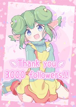 1girl absurdres arms_between_legs blue_eyes commentary_request covered_horns donut_hair_bun double_bun ear_tufts english_text green_hair green_shoes green_sweater hair_bun highres horns jazz_grace kneeling lidelle_(puyopuyo) long_sidelocks looking_at_viewer milestone_celebration open_mouth pink_background pointy_ears puyopuyo puyopuyo_fever shoes short_hair sidelocks sleeves_past_fingers sleeves_past_wrists solo star_(symbol) sweater sweater_under_dress thank_you turtleneck turtleneck_sweater v-bangs wings yellow_horns