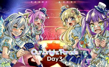 ahoge amane_kanata angel_wings animal_ears blonde_hair blue_eyes blue_hair blue_skirt blue_sky buru-dai colored_inner_hair commentary_request crying crying_with_eyes_open frown glowstick green_eyes grey_hair grin hair_ornament hairclip halo hat heterochromia highres himemori_luna hololive hololive_idol_uniform_(bright) horns jacket kiryu_coco medium_skirt mini_hat mini_top_hat multicolored_hair one_side_up open_mouth penlight_(glowstick) pink_hair puffy_short_sleeves puffy_sleeves purple_eyes purple_hair shadow sheep_ears sheep_girl sheep_horns short_shorts short_sleeves shorts signature skirt sky smile snot stage stage_lights star_halo streaming_tears tears tokoyami_towa top_hat tsunomaki_watame twintails virtual_youtuber wavy_mouth white_jacket wings wrist_cuffs