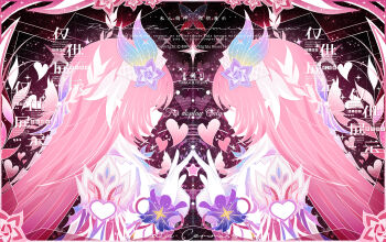 1girl absurdres breasts cyrene_(demiurge)_(honkai:_star_rail) cyrene_(honkai:_star_rail) dress flower hair_flower hair_ornament heart highres honkai:_star_rail honkai_(series) large_breasts long_hair multicolored_hair multiple_views pink_hair qingcichuan star_(sky) starry_sky_background two-tone_hair very_long_hair watermark white_dress white_hair