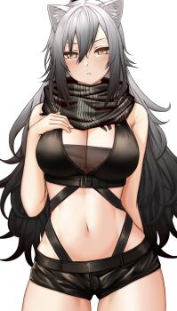 Rule 34 | 1girl, absurdres, animal ear fluff, animal ears, arknights, bare arms, bare shoulders, black scarf, black shorts, blush, breasts, cat ears, cleavage, commentary, cowboy shot, crop top, grey hair, hair between eyes, hand on own chest, highres, kushinaka, large breasts, long hair, looking at viewer, midriff, navel, scarf, schwarz (arknights), short shorts, shorts, simple background, sleeveless, solo, standing, stomach, very long hair, white background, yellow eyes
