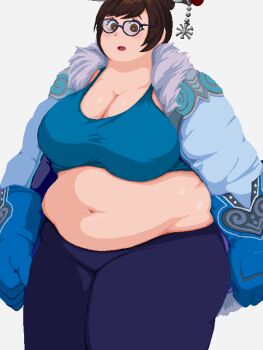 1girl axxjkmmz belly blue-framed_eyewear blue_coat blue_gloves blue_pants blue_shirt breasts brown_eyes brown_hair cleavage coat crop_top fat fat_woman fur-trimmed_coat fur_collar fur_trim glasses gloves hair_bun hair_ornament hair_stick hair_up highres large_breasts mei_(overwatch) navel open_clothes open_coat open_mouth overwatch overwatch_1 overwatch_2 pants plump shirt short_hair single_hair_bun snowflake_ornament solo standing white_background