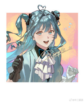 1girl ahoge ascot asymmetrical_gloves black_bow black_gloves black_shirt blue_eyes blue_hair blue_ribbon blue_shirt blush border bow chinese_commentary collared_shirt commentary_request floating_hair gloves hair_between_eyes hair_bow hands_up heart heart_ahoge highres long_hair looking_at_viewer mismatched_gloves musical_note neck_ribbon open_mouth orange_background original pink_background ribbon sample_watermark shirt short_sleeves smile solo teeth tongue two-tone_background two_side_up upper_body watermark wavy_hair weibo_username white_ascot white_border white_gloves zhongerweiyuan