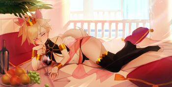 1boy alcohol animal_ears bare_shoulders bed black_panties black_thighhighs bottle braid bulge cat_boy cat_ears cat_tail commentary commission crown cup drinking_glass english_commentary food fruit furry furry_male highres indoors jewelry lemon lying navel o-ring on_side orange_(fruit) original panties pillow pink_eyes pita-potato ring solo tail thighhighs toeless_legwear trap underwear wine wine_bottle wine_glass