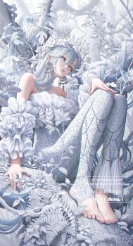 1girl asymmetrical_bodysuit barefoot bodysuit bone detached_sleeves ear_piercing earrings foliage forest frilled_sleeves frills from_below hand_on_own_knee head_tilt head_wreath highres jewelry knees_up limited_palette lips long_hair looking_to_the_side minami_(minami373916) nature original parted_lips piercing plant sitting solo spine strapless tree very_long_hair white_eyes white_hair white_theme