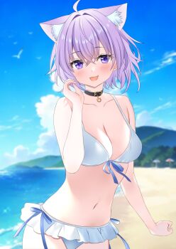 1girl alternate_costume animal_ear_fluff animal_ears beach bikini bikini_skirt bird black_collar blue_bikini blue_sky blush breasts cat_ears cat_girl cleavage cloud collar frilled_bikini frills highres hololive large_breasts looking_at_viewer medium_hair nekomata_okayu open_mouth outdoors purple_eyes purple_hair sand sky smile solo swimsuit user_vcwz3474 water