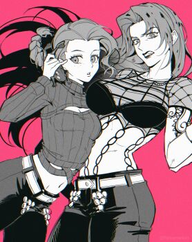 2girls animal arm_out_of_frame belt bra braid breasts chromatic_aberration cleavage cleavage_cutout clothing_cutout commentary_request cowboy_shot crop_top cropped_sweater diavolo dual_persona fishnet_top fishnets fishumarket freckles frog genderswap genderswap_(mtf) greyscale_with_colored_background hand_up highres holding holding_animal holding_frog jojo_no_kimyou_na_bouken large_breasts lipstick long_hair long_sleeves looking_at_viewer makeup multiple_girls navel pants parted_hair parted_lips pink_background simple_background small_breasts spotted_hair sweater turtleneck turtleneck_sweater underwear vento_aureo very_long_hair vinegar_doppio