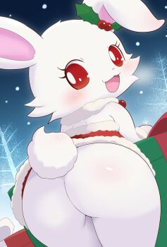 1girl animal_ears animal_hands animal_nose aokko_(bluehiyokobunny) ass ass_focus back blush bottomless box chibikemo christmas dress furry furry_female gift gift_box hair_ornament jewelpet_(creature) jewelpet_(series) jewelry looking_at_viewer open_mouth outdoors rabbit_ears rabbit_girl rabbit_tail red_dress red_eyes ruby_(jewelpet) simple_background smile solo tail tree white_fur
