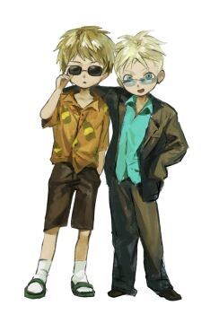 2boys :d aqua_shirt arm_around_shoulder baggy_pants blonde_hair blue-tinted_eyewear brown_shorts butters_stotch child full_body green_sandals hashtag-only_commentary highres kakutou15 kenny_mccormick male_focus multiple_boys open_mouth orange_shirt oversized_clothes pants sandals shirt shirt_tucked_in shorts sleeves_past_wrists smile socks south_park sunglasses tinted_eyewear undercut white_socks
