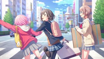 Rule 34 | 3girls, bag, black jacket, blue eyes, blue skirt, blue sky, box, braid, breasts, brown eyes, brown hair, building, car, cloud, colorful palette, game cg, grey serafuku, grey shirt, grey skirt, highres, holding, holding bag, holding box, jacket, looking to the side, mochizuki honami, motor vehicle, multiple girls, neckerchief, official art, omoi wo nosete! dream stage (project sekai), ootori emu, open mouth, orange sweater, outdoors, pink hair, plaid clothes, plaid skirt, pleated skirt, profile, project sekai, red neckerchief, sailor collar, school bag, school uniform, serafuku, shinonome ena, shirt, side ponytail, sidewalk, skirt, sky, sweater, teeth, third-party source, tongue, upper teeth only, white hood, white sailor collar, yellow bag