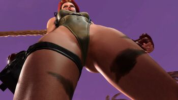 1girl 3d antenna_hair ass ass_focus bare_shoulders blonde_hair blue_eyes braid breasts cammy_white covered_navel gloves green_leotard hat highleg highleg_leotard highres huge_ass leotard lips long_hair low_angle medium_breasts perspective red_hat ryona screencap shiny_clothes solo standing street_fighter street_fighter_6 thighs third-party_edit thong_leotard twin_braids very_long_hair wide_hips