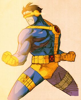 Rule 34 | 1boy, belt, bengus, blue bodysuit, bodysuit, brown hair, capcom, clenched hand, clenched hands, cyclops (x-men), eye beam, game cg, gloves, head-mounted display, highres, looking to the side, male focus, male underwear, marvel, marvel vs. capcom, marvel vs. capcom 2, multicolored bodysuit, muscular, muscular male, non-web source, short hair, sidelighting, solo, superhero costume, thigh strap, two-tone bodysuit, underwear, utility belt, yellow gloves, yellow male underwear