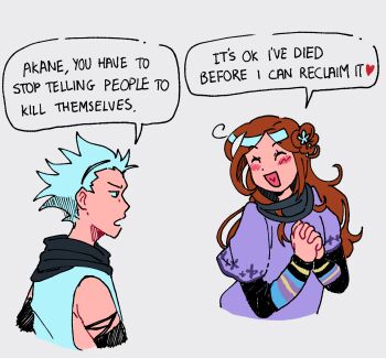 Rule 34 | 1boy, 1girl, ayellowapple, black scarf, blush, brown hair, character name, closed eyes, commentary, dot nose, english commentary, english text, eyelashes, hair bun, heart, highres, kurashiki akane, kyokugen dasshutsu, kyokugen dasshutsu: 9 jikan 9 nin 9 no tobira, long hair, open mouth, own hands together, santa (kyokugen dasshutsu), scarf, short hair, simple background, single side bun, sleeveless, smile, speech bubble, spoilers, spoken heart, white background, white hair