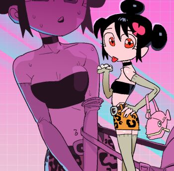 1girl bag bare_shoulders checkered_background choker ennuikalart hand_on_own_hip midriff multiple_persona original plaid_background skirt strapless thighhighs tile_wall tiles tongue tongue_out