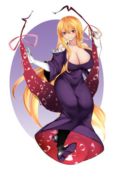 1girl adapted_costume aoshima bare_shoulders black_boots blonde_hair boots breasts cleavage curvy dress elbow_gloves full_body gap_(touhou) gloves highres large_breasts long_hair no_headwear purple_dress purple_eyes sitting smile straight_hair tight_clothes tight_dress touhou white_gloves wide_sleeves yakumo_yukari