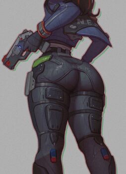 Rule 34 | 1girl, absurdres, ass, ass focus, black hair, black pants, blue jacket, clozzy01, film grain, from behind, grey background, gun, high-waist pants, highres, holding, holding gun, holding weapon, jacket, lower body, multicolored hair, pants, red hair, solo, streaked hair, textless version, tight clothes, tight pants, weapon, zenless zone zero, zhu yuan
