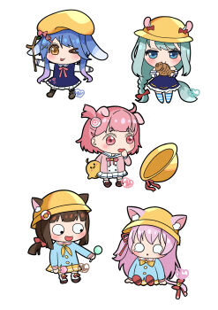 Rule 34 | > o, 5girls, ;p, absurdres, animal ear fluff, animal ears, azur lane, blue eyes, blue hair, branch, brown hair, candy, cat ears, cat girl, cat tail, chibi, chibi only, commentary request, eating, food, food-themed hair ornament, green hair, hair ornament, hair ribbon, hat, highres, holding, holding branch, holding candy, holding food, holding lollipop, kindergarten uniform, kisaragi (azur lane), lollipop, long hair, manjuu (azur lane), mikazuki (azur lane), minazuki (azur lane), multiple girls, mutsuki (azur lane), mutsuki face (azur lane), narutomaki hair ornament, one eye closed, pink eyes, pink hair, red ribbon, ribbon, sailor collar, school hat, shiranuinuiko, short hair, signature, simple background, tail, taiyaki, tongue, tongue out, uzuki (azur lane), wagashi, white background, white sailor collar, x hair ornament, yellow eyes, yellow hat