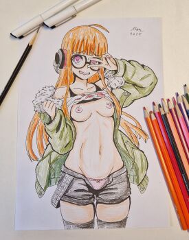 1girl ahoge behind-the-head_headphones black-framed_eyewear black_bra black_shorts black_thighhighs bow bow_panties bra bra_lift breasts clothes_lift colored_pencil fur-trimmed_jacket fur_trim glasses green_jacket headphones highres jacket kaschmatz long_hair looking_at_viewer marker navel nipples open_clothes open_fly open_jacket open_mouth orange_hair panties paper pencil persona persona_5 photo_(medium) pink_panties purple_eyes raised_eyebrows sakura_futaba shirt_lift short_shorts shorts small_breasts solo stomach thighhighs thighs traditional_media underwear v v_over_eye very_long_hair wavy_mouth