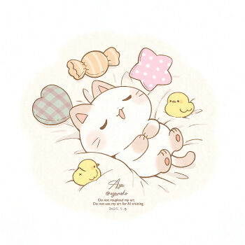 :3 :d animal animal_focus ayu_(mog) bird blush_stickers candy cat closed_eyes commentary_request duck food heart highres lying no_humans on_back on_bed open_mouth original signature smile star_(symbol) twitter_username watermark whiskers white_cat wrapped_candy