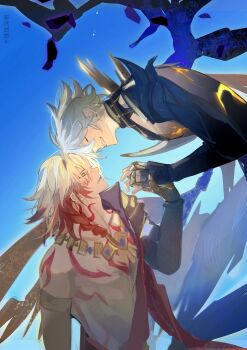 2boys absurdres arm_tattoo armlet bare_pectorals black_coat blonde_hair blue_sky braid chest_tattoo chinese_commentary clawed_gauntlets coat commentary_request cracked_skin earrings facial_tattoo from_side gold_earrings gold_necklace gradient_hair highres holding_hands honkai:_star_rail honkai_(series) jewelry jidushenheemm male_focus material_growth medium_hair multicolored_hair multiple_boys mydei_(honkai:_star_rail) necklace open_clothes open_coat pectorals phainon_(honkai:_star_rail) phainon_(khaslana)_(honkai:_star_rail) profile red_hair red_tattoo side_braid sky tattoo tears yaoi yellow_blood yellow_eyes