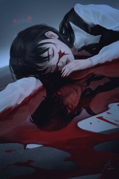 2girls artist_name black_dress black_hair black_ribbon bleeding blood blood_in_hair blood_on_arm blood_on_cheek blood_on_clothes blood_on_face blood_stain chainsaw_man closed_eyes closed_mouth collared_shirt commentary cross_scar dark different_reflection dress facial_scar fog fourth_east_high_school_uniform glowing glowing_eyes highres injury light_smile lips long_hair long_sleeves looking_at_viewer lying mitaka_asa multiple_girls neck_ribbon on_side outdoors pinafore_dress pool_of_blood raikoart red_eyes reflection ribbon road scar scar_on_cheek scar_on_face school_uniform shirt sidelocks signature sleeveless sleeveless_dress upper_body war_devil_(chainsaw_man) white_shirt yoru_(chainsaw_man)