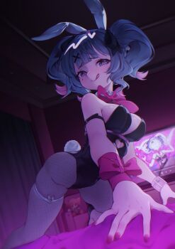 1girl :q absurdres all_fours animal_ears arched_back arm_ribbon arm_strap black_leotard black_ribbon blue_eyes blue_hair blush bow bowtie breasts chair character_doll clothing_cutout commentary deltapluto detached_collar doll english_commentary fake_animal_ears fake_tail fishnet_pantyhose fishnets hair_ornament hair_ribbon hatsune_miku heart heart-shaped_pupils heart_cutout highres indoors juxtaposition kasane_teto leotard looking_at_viewer medium_breasts multicolored_hair nail_polish o-ring o-ring_thigh_strap on_bed pantyhose performance_juxtaposition pink_bow pink_hair pink_nails pink_wrist_cuffs playboy_bunny rabbit_ears rabbit_hair_ornament rabbit_hole_(vocaloid) rabbit_tail raised_inner_eyebrows ribbon short_hair single_wrist_cuff smile solo symbol-shaped_pupils tail teardrop_facial_mark television thigh_strap tongue tongue_out twintails two-tone_hair underbust vocaloid wrist_cuffs x_hair_ornament