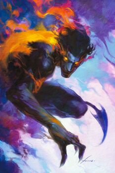 1boy abstract_background artist_name black_hair blue_background blue_skin bodysuit colored_skin commentary demon_tail fewer_digits highres male_focus marvel multicolored_bodysuit nightcrawler pointy_ears prehensile_tail red_bodysuit short_hair signature solid_eyes solo superhero_costume tail two-tone_bodysuit viktor_farro x-men