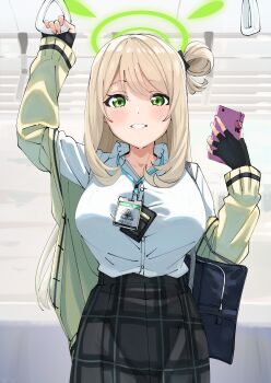 1girl bag black_gloves black_skirt blonde_hair blue_archive blush breasts cardigan cardigan_partially_removed cellphone collared_shirt commentary_request cowboy_shot dress_shirt fingerless_gloves gloves green_eyes green_halo hair_bun hair_rings halo hand_grip highres hizikit holding holding_hand_grip holding_phone id_card lanyard large_breasts long_hair looking_at_viewer nonomi_(blue_archive) off_shoulder open_collar open_mouth phone plaid_clothes plaid_skirt school_bag shirt shirt_tucked_in shoulder_bag single_hair_ring single_side_bun skirt smartphone smile solo standing train_interior upper_body white_shirt yellow_cardigan