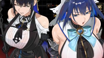 2girls bare_shoulders black_gloves black_hair black_skirt blue_bow blue_eyes blue_hair bow bow_earrings bowtie breasts commentary earrings english_commentary gloves hair_between_eyes heart heart-shaped_ornament holding holding_scythe hololive hololive_english jewelry large_breasts long_hair looking_at_viewer looking_to_the_side medium_hair mole mole_under_eye mugi_(mugit49) multiple_girls nerissa_ravencroft nerissa_ravencroft_(1st_costume) open_mouth ouro_kronii ouro_kronii_(1st_costume) red_eyes scythe shirt sideboob skirt sleeveless sleeveless_shirt standing striped_clothes striped_shirt sweat sweatdrop teeth upper_body upper_teeth_only vertical-striped_clothes vertical-striped_shirt virtual_youtuber wet wet_clothes wet_shirt white_shirt