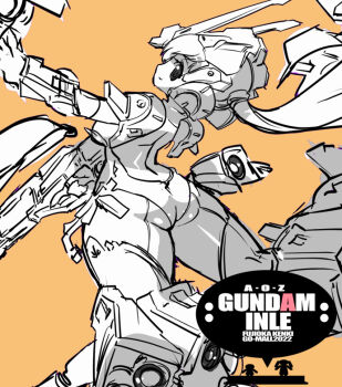 Rule 34 | 1girl, advance of zeta, advance of zeta re-boot, arched back, ass, back, breasts, character request, closed mouth, commentary request, energy gun, energy weapon, foot out of frame, from behind, gun, gundam, holding, holding gun, holding weapon, kenki fujioka, leotard, logo, long hair, looking at viewer, mecha, mecha musume, medium breasts, open hand, outstretched arm, personification, ponytail, profile, robot, science fiction, simple background, sketch, smile, solo, strapless, strapless leotard, thighs, weapon, yellow background