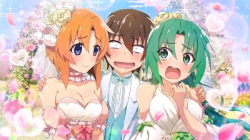 1boy 2girls aqua_bow aqua_bowtie aqua_vest artist_request blue_eyes blue_sky blush bow bowtie breasts brown_hair cleavage detached_sleeves dress drooling embarrassed flower formal_clothes game_cg green_eyes green_hair hair_flower hair_ornament hand_on_another&#039;s_shoulder heart highres higurashi_no_naku_koro_ni higurashi_no_naku_koro_ni_mei large_breasts long_hair maebara_keiichi medium_hair multiple_girls non-web_source official_art open_mouth orange_hair outdoors puffy_detached_sleeves puffy_sleeves ryuuguu_rena shirt sky smile sonozaki_mion sparkle suit vest wedding_dress white_dress white_shirt white_suit yellow_flower