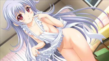 Rule 34 | 1girl, apron, apron lift, ass, blue hair, blush, breasts, censored, chigasaki ili, clothes lift, collarbone, cotton software, female focus, fingernails, long hair, naked apron, nipples, owaru sekai to birthday, red eyes, solo, tagme, tsukasa yuuki