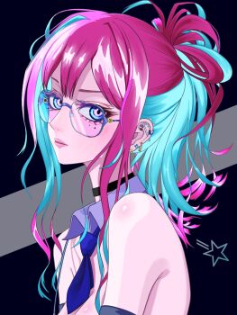 1girl absurdres aegyo_sal barbell_piercing black_choker blue_eyes blue_hair blue_necktie breasts choker cleavage commentary detached_sleeves ear_piercing elbow_gloves english_commentary glasses gloves half_updo highres industrial_piercing looking_at_viewer mole mole_under_eye multicolored_hair necktie original parted_lips piercing pink_hair solo star_(symbol) tomoyaku two-tone_hair upper_body