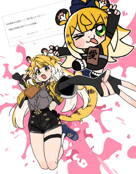 1girl absurdres andii_(anzai_teachco) animal_ears animal_print black_gloves blonde_hair blush chibi commentary_request fang fingerless_gloves gloves gradient_hair green_eyes highres ju_fufu long_hair multicolored_hair one_eye_closed shoes shorts socks tail thigh_strap tiger_ears tiger_girl tiger_print tiger_tail v white_socks zenless_zone_zero