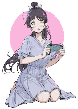 1girl :d blue_dress blush bow collarbone controller dress floating_hair flying_sweatdrops game_controller gamepad hair_bow hazuki_ren holding holding_controller holding_game_controller love_live! love_live!_superstar!! momokumo open_mouth pink_background ponytail seiza sitting small_sweatdrop smile solo
