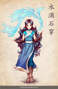 1girl arm_guards avatar:_the_last_airbender avatar_legends blue_eyes brown_hair choker element_bending female_focus full_body highres hydrokinesis jewelry katara long_hair looking_at_viewer necklace nukababe shin_guards smile solo very_long_hair water watermark web_address