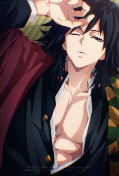 Rule 34 | 1boy, absurdres, black hair, black jacket, blue eyes, buttons, collarbone, commentary request, demon slayer uniform, gold buttons, hand up, haori, high collar, highres, jacket, japanese clothes, kikkoumon, kimetsu no yaiba, long hair, looking at viewer, low ponytail, lying, male focus, may (illust man 2020), on back, one eye closed, open clothes, open jacket, parted lips, ponytail, print haori, red haori, sleepy, solo, spiked hair, tomioka giyuu, toned, toned male, upper body