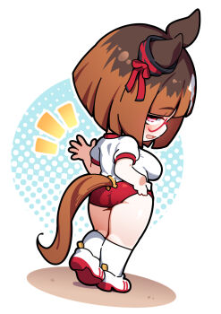 1girl animal_ears ass blunt_bangs blunt_ends breasts brown_hair buruma chibi chibi_only commentary_request full_body glasses gym_uniform halftone hand_up highres horse_ears horse_girl horse_tail notice_lines red-framed_eyewear red_buruma red_eyes shirt shoes short_hair short_sleeves socks solo standing tail transcend_(umamusume) umamusume warashi white_shirt white_shoes white_socks