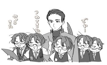 6+boys :d arm_up arthropod_limbs beard_stubble chibi clenched_hand closed_mouth coat collared_shirt expressionless facial_hair formal_clothes glasses gregor_(project_moon) greyscale hair_between_eyes hair_slicked_back half-closed_eyes hand_up happy holding id_card jacket jitome kikkoinu limbus_company lineup long_hair long_sleeves looking_at_another looking_at_viewer looking_down looking_to_the_side looking_up low_ponytail male_focus meursault_(project_moon) monochrome multiple_boys multiple_persona necktie open_mouth parted_bangs ponytail project_moon pulling_another's_clothes sanpaku semi-rimless_eyewear shirt short_hair simple_background sketch sleeves_rolled_up smile stubble sweater turtleneck turtleneck_sweater under-rim_eyewear upper_body very_short_hair vest white_background