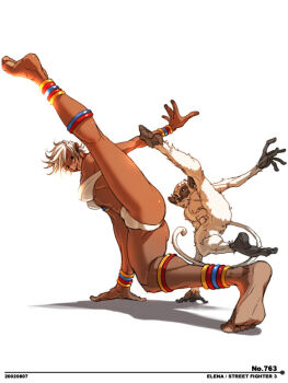 1girl anklet ass barefoot bikini blush bra bracelet breasts capcom capoeira dark-skinned_female dark_skin earrings elena_(street_fighter) falcoon feet high_kick jewelry kicking legs lingerie medium_breasts midriff monkey neck_ring ring short_hair street_fighter street_fighter_iii_(series) swimsuit underwear white_hair