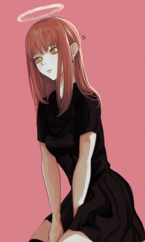 1girl between_legs black_dress black_thighhighs chainsaw_man choppy_bangs commentary_request cross cross_earrings dress earrings eyeshadow gozuu halo hand_between_legs heart highres jewelry kneeling long_hair makeup makima_(chainsaw_man) monochrome_background orange_hair pink_background pleated_dress ringed_eyes sidelocks spoken_heart thighhighs yellow_eyes