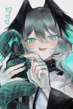 1boy 1girl absurdres aqua_eyes aqua_feathers aqua_nails aqua_wings arknights black_tail breasts commentary_request dress fangs feathered_wings highres ho&#039;olheyak_(arknights) inmybagg large_breasts snake_tail tail white_dress wings