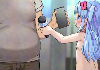 1girl 1other adversarial_noise bare_arms bare_shoulders bikini blue_eyes blue_hair blurry blush breasts butterfly_hair_ornament cellphone city cowboy_shot depth_of_field eyebrows_hidden_by_hair flat_chest from_side hair_ornament hairband hand_up holding holding_microphone interview loli long_hair looking_at_another microphone nude open_mouth original outdoors panties phone plaid_clothes plaid_scarf purple_hairband road scarf side-tie_bikini_bottom sidelocks siera_(sieracitrus) small_breasts smile standing street string_bikini swimsuit topless_female twintails two_side_up underwear