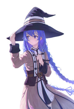 1girl absurdres blue_eyes blue_hair braid brown_coat closed_mouth coat dress hand_on_headwear hand_up hat highres large_hat long_braid long_hair long_sleeves mushoku_tensei roxy_migurdia simple_background solo standing suikagcy twin_braids very_long_hair white_background white_dress witch_hat
