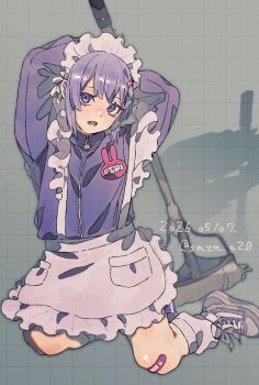 Rule 34 | 1girl, apron, arms up, bandaid, bandaid on knee, bandaid on leg, brbr vrvr, commentary request, full body, grey background, grid background, highres, holding, holding mop, jacket, jersey maid, loose socks, maid, mop, open mouth, purple eyes, purple hair, purple jacket, shoes, sneakers, socks, solo, unconventional maid, vocaloid, voiceroid, waist apron, white shoes, white socks, yuzuki yukari