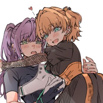 2girls :d aqua_eyes blush breasts commentary deepness_(love_live!) fishnet_sleeves fishnets green_eyes hair_intakes heart highres hinoshita_kaho junjun_(kimi-la) link!_like!_love_live! long_sleeves love_live! medium_breasts medium_hair multiple_girls new_black_(love_live!) official_alternate_costume open_mouth otomune_kozue ponytail purple_hair short_sleeves shrug_(clothing) sidelocks simple_background single_sleeve smile teeth two_side_up upper_teeth_only virtual_youtuber white_background white_shrug yuri