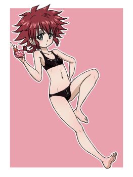 Rule 34 | 1girl, alcohol, alternate costume, beer, beer mug, black bra, black panties, blue eyes, blush, bra, breasts, cranberry (girls und panzer), eyeshadow, girls und panzer, hand on own hip, kuromorimine military uniform, looking at viewer, makeup, messy hair, military uniform, mug, navel, open mouth, panties, pink background, red hair, short hair, simple background, small breasts, solo, takahashi kurage, underwear